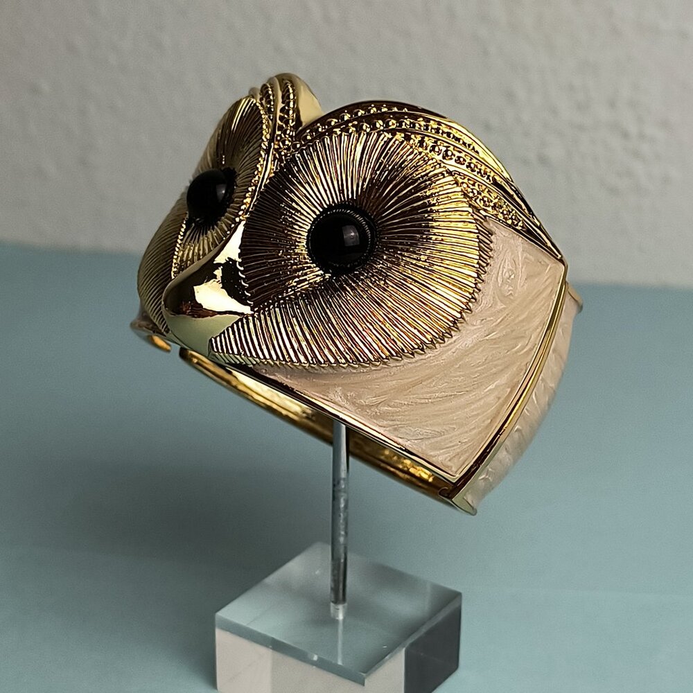Statement Glamour Enamel Wide Owl Hinged Cuff Clamper Bangle Bracelet Be…
